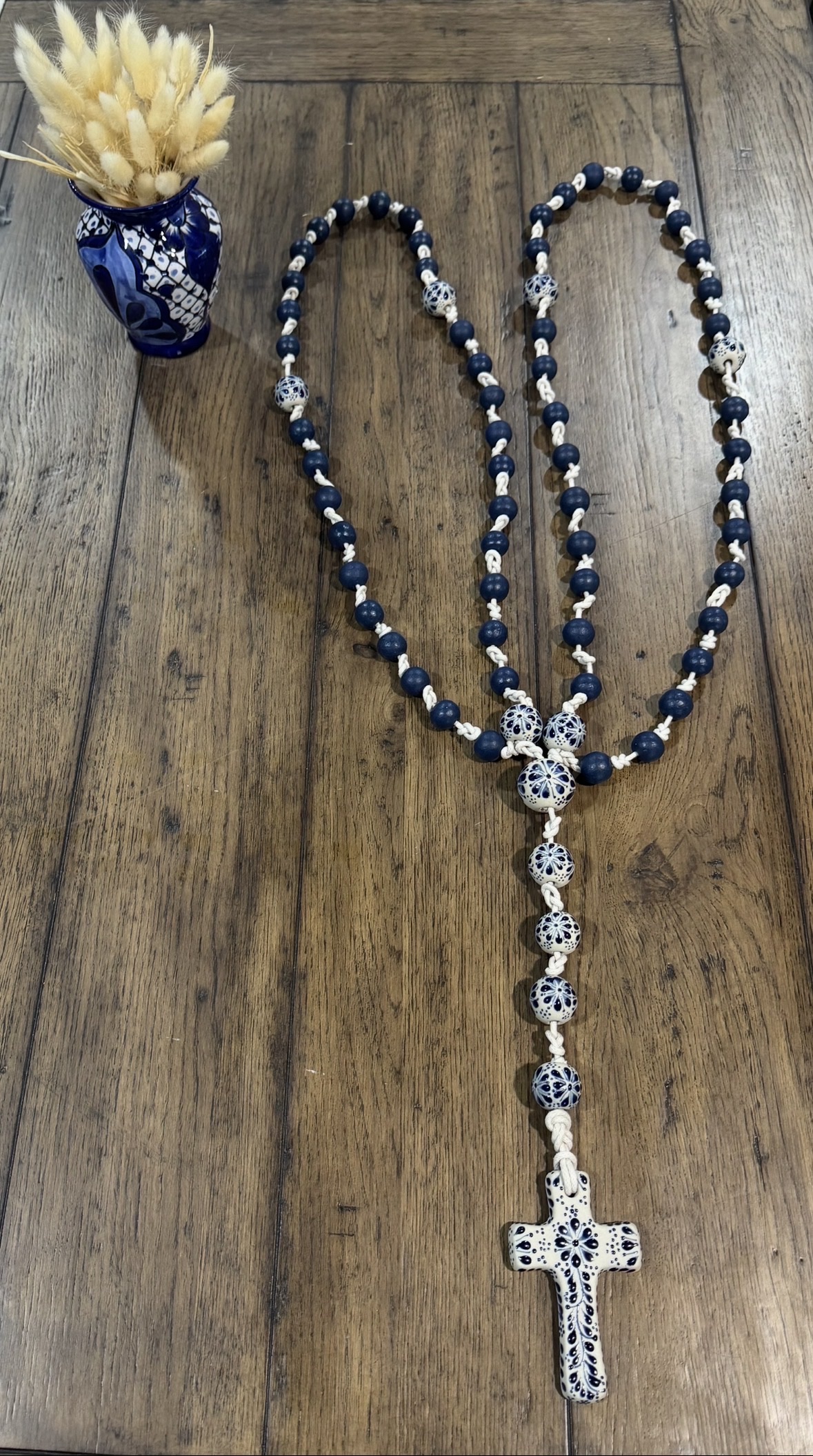 Ready-made blue and ivory Talavera lasso with Talavera beads, ivory cord, ceramic cross, and blue vase
