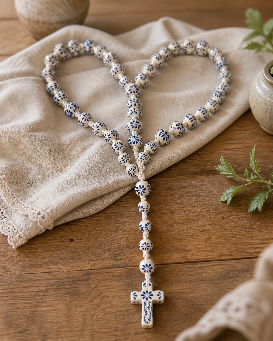 Handmade Talavera-style wedding lasso with ivory cord and blue-and-white bead details on a warm wood worktable