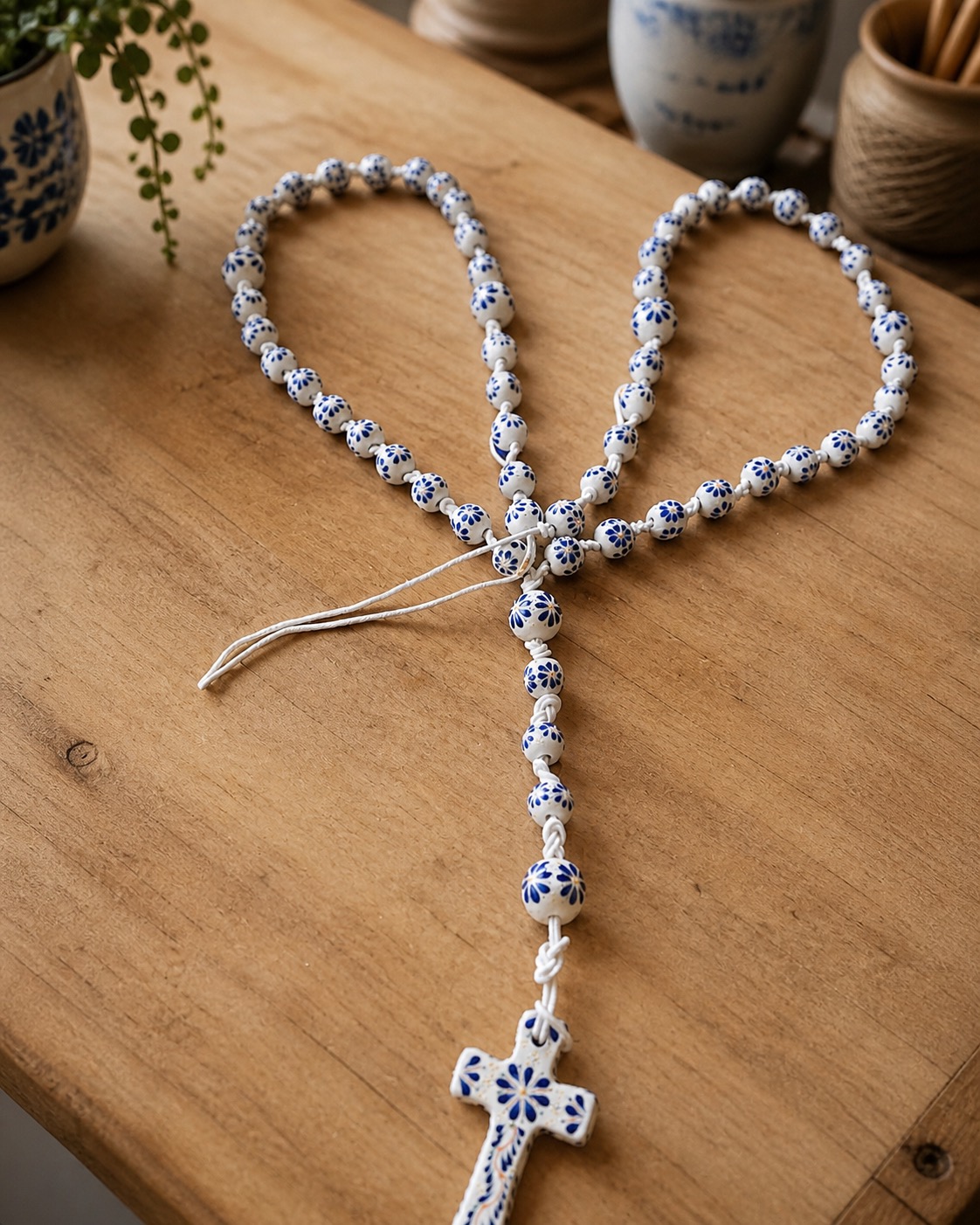 Handmade Talavera-style wedding lasso arranged on a warm wood worktable during the making process