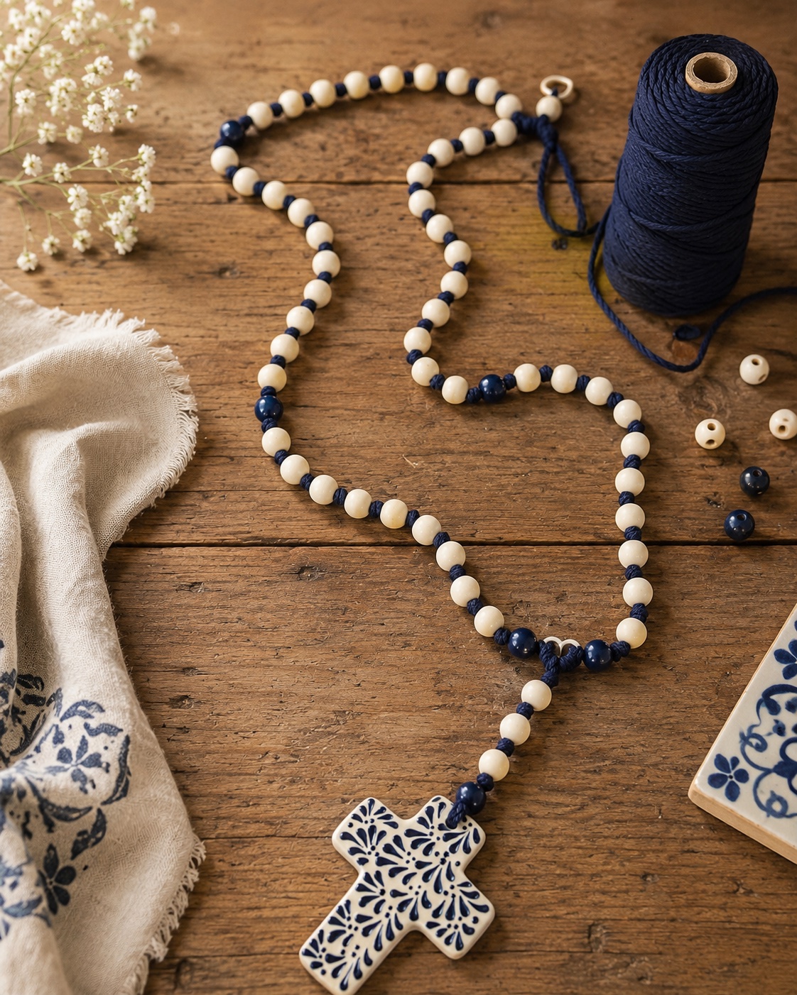 Rosary with ivory and blue beads, a Talavera-style cross, and blue cord on a wood worktable